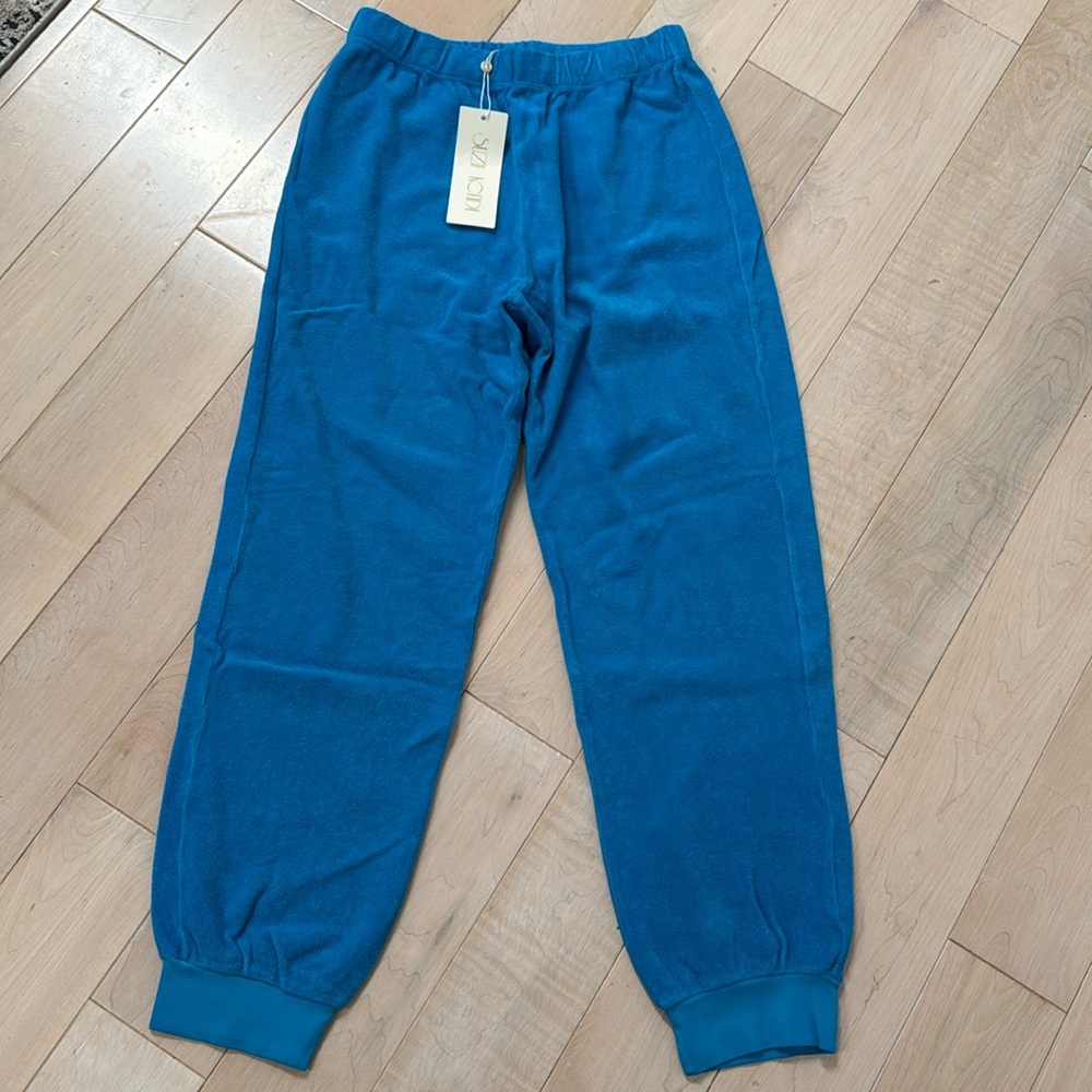 Suzie Kondi velour cotton Hawaiian ocean blue slim track pants